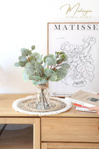 Muhanjia Artificial Eucalyptus Stems in Glass Vase with Faux Water,5Pcs Fake Plant with Double-Sided Leaves and Green Seeds for Centerpiece (Double-Sided Green Eucalyptus with Seed)