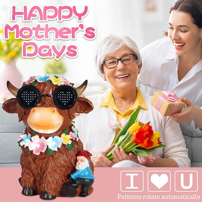 Solar Garden Statues Highland Cattle with Flower and LED Lights Birthday Gifts for Women Mom Grandma Solar Outdoor Decor for Patio Backyard Yard Lawn Decoration-Unique Housewarming Gifts