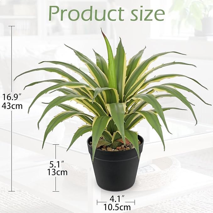 Hollyone Large Artificial Agave Plants 16.9" Tall Fake Agave Plant in Black Pot with Real Stone Pebbles Faux Succulent Aloe Tropical Plants Potted for Indoor Outdoor Home Patio Garden Decor