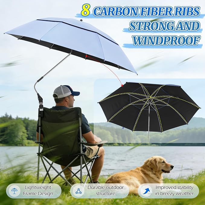 2 Pack 40.9'' Beach Chair Umbrella with 360° Adjustable Canopy & 270° Flexible Clamp, Double Canopy Sun Protection for Wheelchair, Patio, Golf Cart, Camping