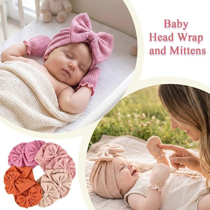 8 Sets Newborn Baby Girl Hats & Mittens, Cotton Preemie Hospital Bow Cap, No Scratch Gloves,Infant Beanies 0-3 Months