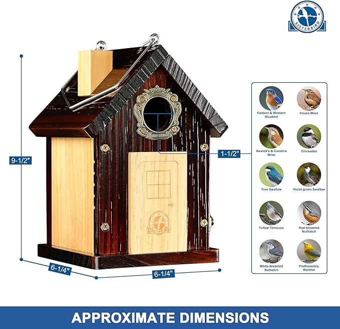 SISTERBIRD Pack of 2 Premium Bluebird Houses for Outside, All Seaons Bird Houses for Outside, Wooden Cabin Birdhouses for Outdoors, Weatherproof Courtyard Decorated Hanging Bird House
