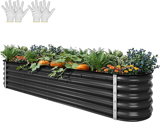 YITAHOME 8x2x1.5ft Large Raised Garden Bed Kit, 17" Tall 9 in 1Galvanized Metal Planter Box with Gloves & Safety, Outdoor Above Ground Planters for Plants Vegetables Flowers, Black