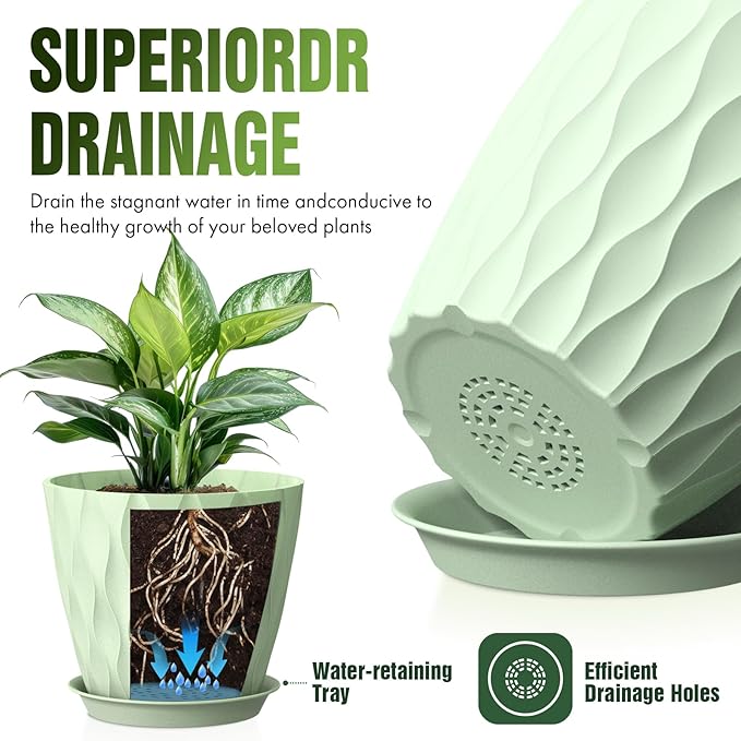 8" Water Wave Plant Pots with Drainage Holes & Saucers, 4 Pack Modern Textured Medium Planters for Indoor Outdoor Plants, Decorative Flower Pots Repotting Set for Flowers, Herbs (Green)