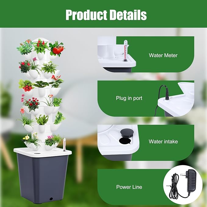 Vertical Hydroponics Garden Tower, 30-Plant Hydroponic Growing System with 10L Tank, 6 Layers Vertical Planter Towe Hydroponic Tower Garden, Automatic Watering for Home Indoor Gardening System Black