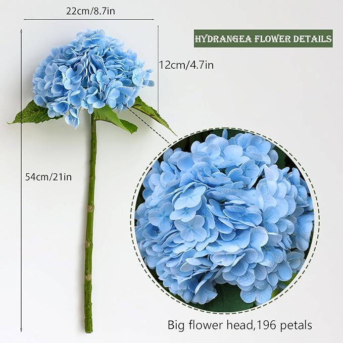 Buart 3PCS Long Stem Big Size Flowers Artificial Silk Hydrangea Lifelike Flowers Real Touch Blue Artificial Flowers Wedding Shower Bride Bouquets Office Living Room Table Decorations (21 Inch)
