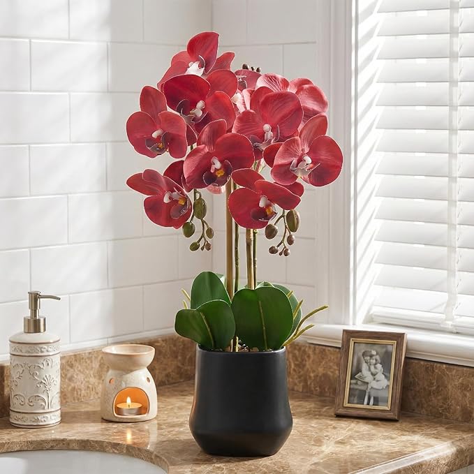 Orchids Artificial Plant in Ceramic Pot 18.5" Faux Orchid Phalaenopsis Flowers Arrangement for Home Office Table Centerpiece Indoor Decor, Red