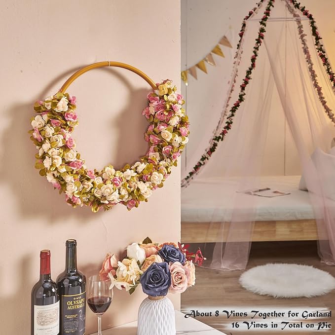 8 Pcs x 8.2 ft Flower Garland Artificial Rose Vine Flowers with Green Leaves Hanging Fake Roses Vine for Room Party Home Wedding Birthday Christmas Wall Arch Decor, Champagne Pink Flower