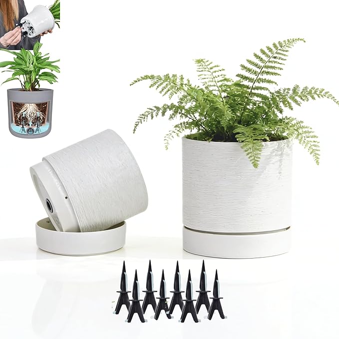 GreenShip Planter Set of 2 (9.8" & 7.8") – Cylinder Planters with Drainage Hole and Planter Saucer, Jun Porcelain Clay & Recycled Resin, Decorate Home,Office & Outdoor,White pots