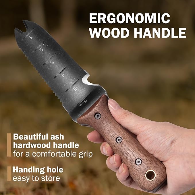 ROYTOA Hori Hori Garden Knife, Garden Tools with Sheath for Weeding,Planting,Digging, 7" Stainless Steel Blade with Cutting Edge, Full-Tang Wood Handle with Hanging Hole