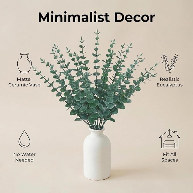 16" Artificial Eucalyptus Stems Potted Plant - Realistic Small Fake Desk Plants for Office Home Decor, Faux Plants in Frosted Ceramic Vase for Indoor Spaces, Wedding Centerpieces Table Decor（20 pcs）