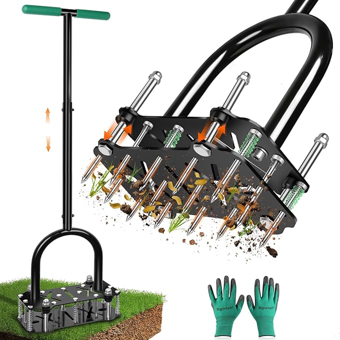Bigwish Adjustable Lawn Aerator Tool with Rebound Spring – 16 Sharp Metal Spikes Soil Aerator with Ergonomic T-Handle & Wide Foot Plate, Heavy Duty Yard Lawn Aerator for Garden Lawn Care