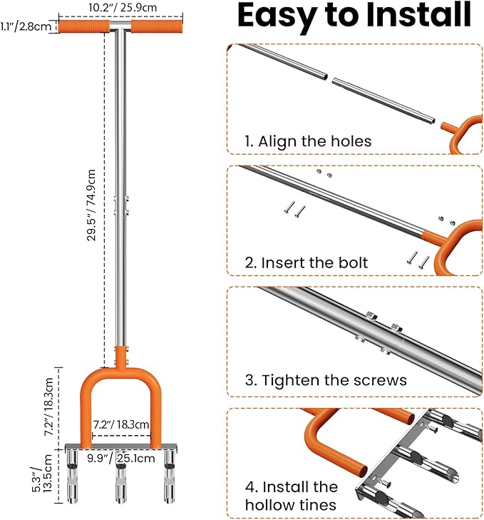 Lawn Aerator, Stainless Steel Lawn Aerator Tool with 3 Hollow Tines, Yard Grass Soil Core Aerator, Manual Lawn Plug Aerators, Core Aeration Tool for Lawn Garden Compacted Soil (Orange)