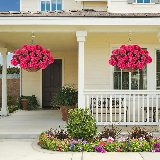 INSPRING Geraniums Artificial Flowers Hanging Basket for Outdoors Outside Spring Decoration, 8 Bundles Silk Flowers Fake Plants Look Real UV Resistant for Porch Home Patio Balcony Yard, Hotpink