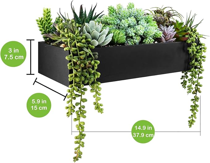Winlyn 15" Artificial Succulents Arrangement Faux Succulents in Rectangular Black Wooden Planter Box Faux Potted Succulents Plant Garden for Gifts Home Table Centerpiece Mantel Greenery Décor