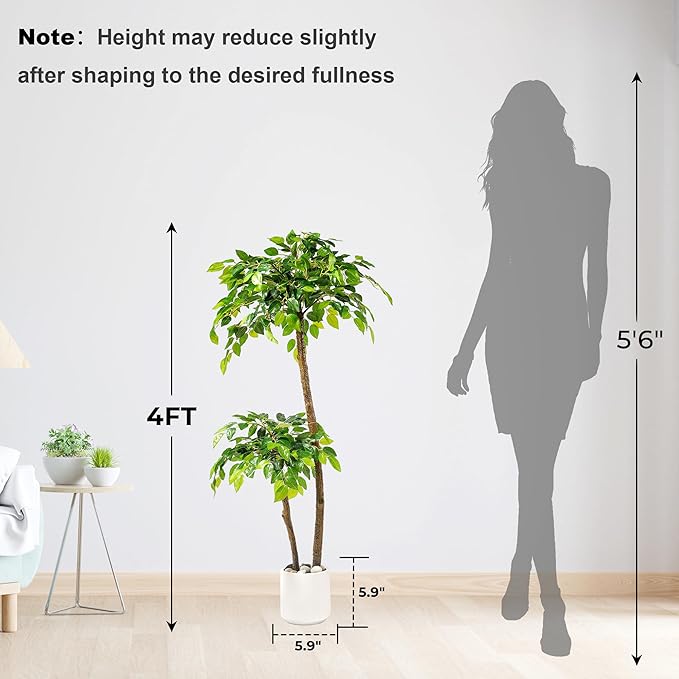 4FT Artificial Ficus Tree with White Planter and Pebbles,Faux Silk Tree with Lifelike Leaves and Realistic Trunk,Tall Fake Potted Plant for Home and Office Décor Indoor and Outdoor (4FT)