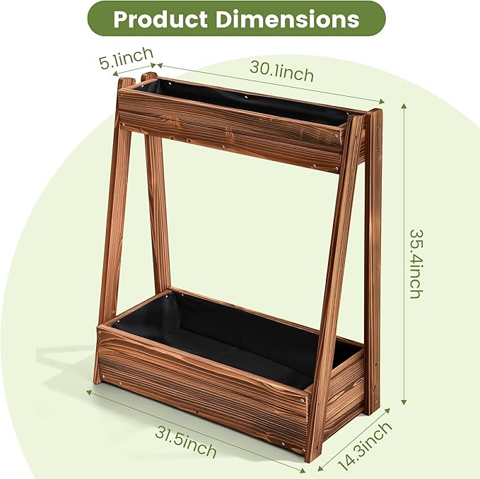 2-Tier Elevated Raised Garden Bed, 36" H Fir Wood Planter Box with 23" Growth Space for Tall/Climbing Plants, Drainage Holes & Non-Woven Liner, Outdoor Garden Planter for Patio Balcony Backyard