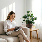 Artificial Vibrant Plants 14.2 inches Tall Fake Outdoor Greenery Plants with Ficus Leaves in Brown Rattan Planter for Indoor Home Office Garden Modern Decoration Ideal Housewarming Gift