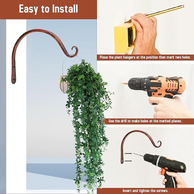 FEED GARDEN 2 Pack 8 Inch Hanging Plant Bracket Wall Hooks Decorative Plant Hangers for Outdoor Hanging Bird Feeders, Wind Chimes, Plant Baskets, Antique Bronze