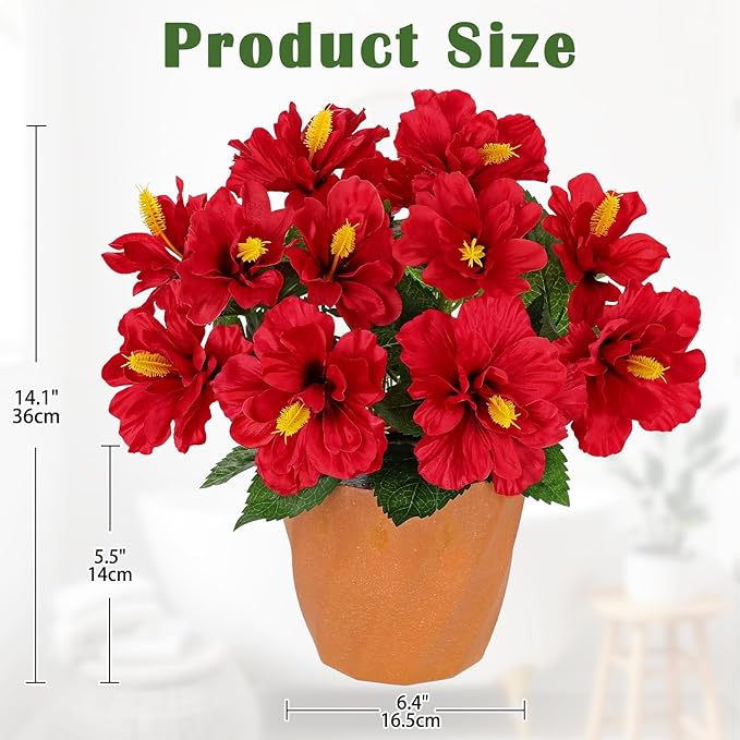 Briful Artificial Hibiscus Flowers in Pot, 14.1" Faux Tropical Flower Plant for Outdoor Porch, Potted Red Hibiscus Tabletop Decor for Living Room, Dining Table, Kitchen, Office, Indoor Home Décor