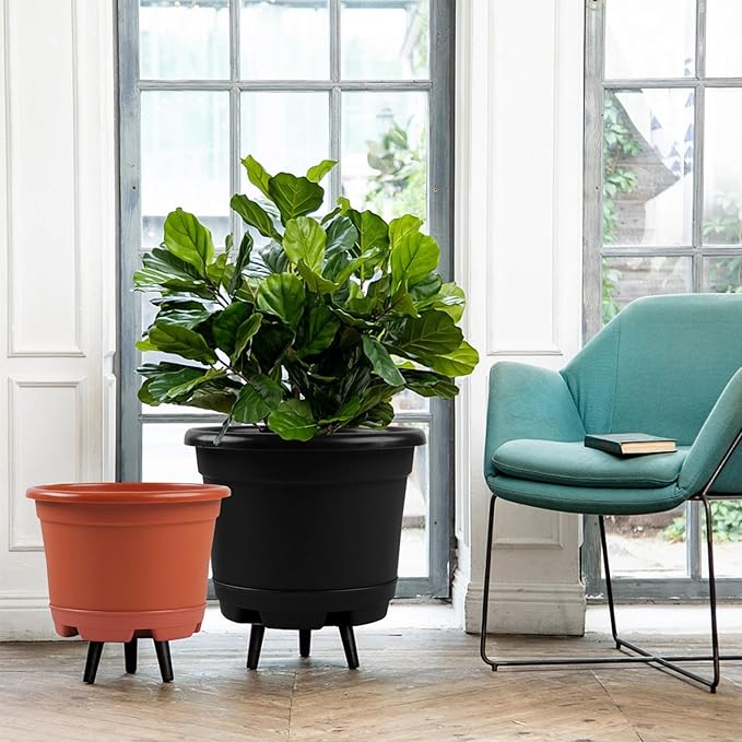 KPUVX 5 Pack 10.5 inch Plant Pots,Planter-Pots-for-Plants，Plastic Flower Pot for Indoor Outdoor Plants with Drainage Holes & Trays, Decorative Garden Containers Sets for Houseplants