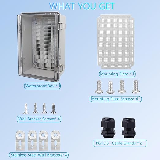 Waterproof Junction Box, ABS Plastic Electrical Box with Stainless Steel Latch, Hinged Cover Electric Project Enclosure Box with Mounting Plate, Wall Brackets & Cable Gland 11"x7.5"x5.1"