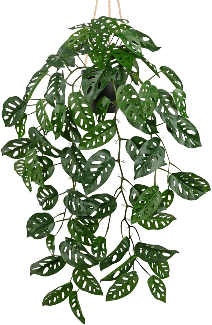 Large Fake Hanging Plants in Pot with Hook, 37" Artificial Hanging Monstera Albo Vines Plants, Fake Potted Greenery Plant for Room Wall Living Room Bathroom Kitchen, Big Faux Ivy Houseplants for Shelf