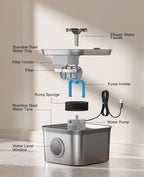 Stainless Steel Cat Water Fountain, 2.8L with 20dB Ultra-Quiet Pump- Ideal for Timid Pets, LED Water Level Window, Dishwasher Safe, 24/7 Circulation- Includes 6 Replacement Filters