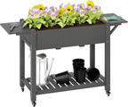 Outsunny Raised Garden Bed, 57 x 20.5 x 34 in Wood Elevated Planter Box with Lockable Wheels, Side Tables and Bottom Shelf, Outdoor Raised Planter with Bed Liner and Drainage Holes, Gray