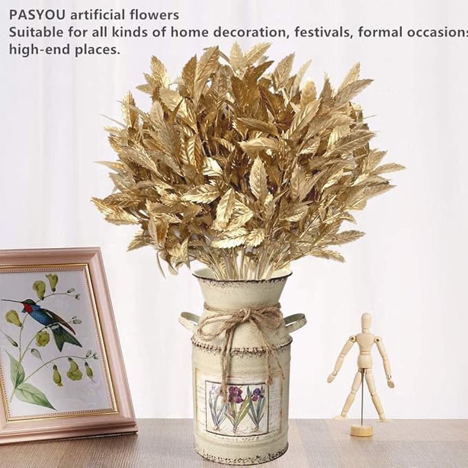 PASYOU Artificial Golden Plants, Fake Foliage Shrubs Decor Plastic Faux Plant for Indoor Outdoor Home Garden Office Party Hall Verandah Wedding DIY Christmas Decoration Gold Leaves Bundles - 3 Pack