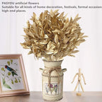 PASYOU Artificial Golden Plants, Fake Foliage Shrubs Decor Plastic Faux Plant for Indoor Outdoor Home Garden Office Party Hall Verandah Wedding DIY Christmas Decoration Gold Leaves Bundles - 3 Pack
