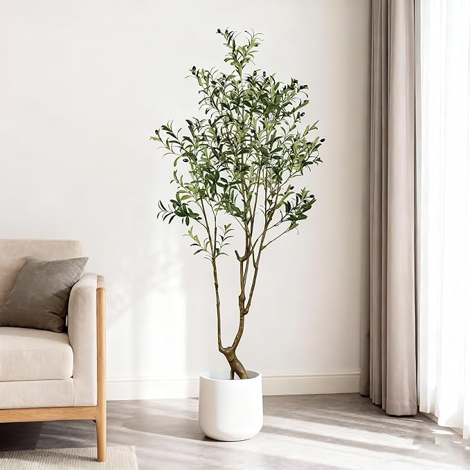 Faux Olive Tree 5.5ft(66in) Tall Artificial Plant Indoor Decor Realistic Potted Fake Modern Greenery with Natural Wood Branches and Green Leaves for Living Room,Bedroom,Christmas Holiday Decor