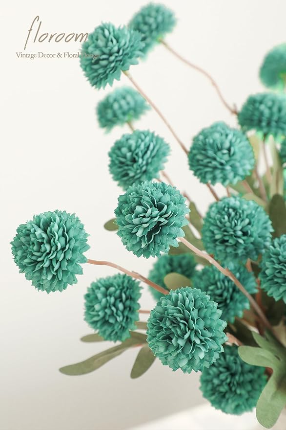 Floroom 5pcs Teal Green Faux Silk Mums Artificial Flowers, Bulk Fake Small Mini Chrysanthemums with Stems for DIY Wedding Centerpieces Floral Arrangements Vase Fillers Home Decorations