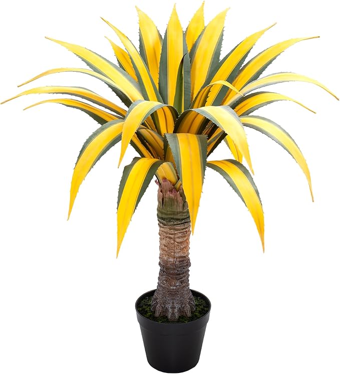 Artificial Green Edged Gold Leaf Spiny Agave Plant with 23 Leaves, 31.49in Faux Agave for Indoor & Outdoor Home Decor Perfect for Porch Living Room Bedroom, Patio & Office