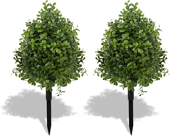Bdor 22" Artificial Boxwood Topiary Ball Trees, Outdoor Artificial Plant Set of 2 with Ground Stakes, UV Resistant Simulated Evergreen Fake Shrub for Indoor/Outdoor Lawns, Garden Decor
