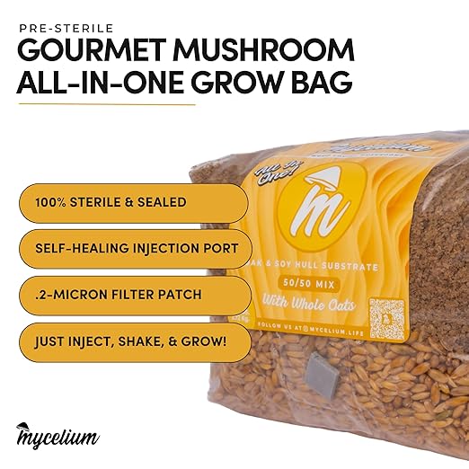 Mycelium All-in-One Mushroom Grow Bag – 6lb Sterilized Substrate with Oak, Soy Hull & Whole Oats Grain | Ready-to-Inoculate Grow Kit with Injection Port | Grow Lion’s Mane, Shiitake & Oyster Mushrooms
