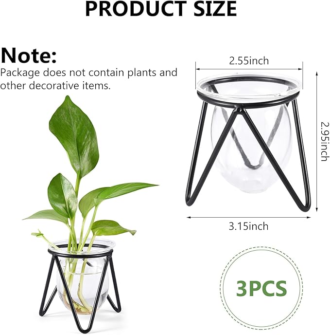 Jspupifip 3 Pcs Glass Plant Terrarium with Metal Stand, Air Plants Holders Hydroponic Plant Vases Desktop Bulb Glass Vase for Indoor Plants Home Garden Office Decoration, Black