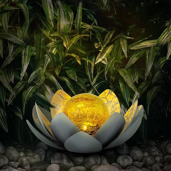 Huaxu Garden Solar Light Outdoor, Amber Crackle Globe Glass Lotus Decoration, Waterproof Gray Metal LED Flower Lights for Patio,Lawn,Walkway,Tabletop,Ground…