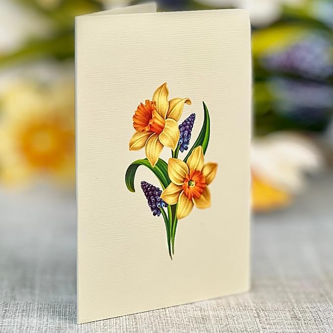 Freshcut Paper Pop Up Cards, Mini English Daffodils, 6 Inch Mini Sized Forever Flower Bouquet 3D Popup Greeting Cards, Birthday Cards, Get Well Gifts, Blank Notecard & Envelope