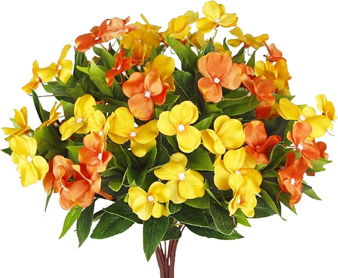 CITYES 4 Pcs Artificial Flowers Outdoor Impatiens UV Resistant Fake Silk Fall Flowers Orange Yellow Faux Flowers Impatiens Bushes for Outdoor Planter Pot Hanging Basket Porch Autumn Fall Decor
