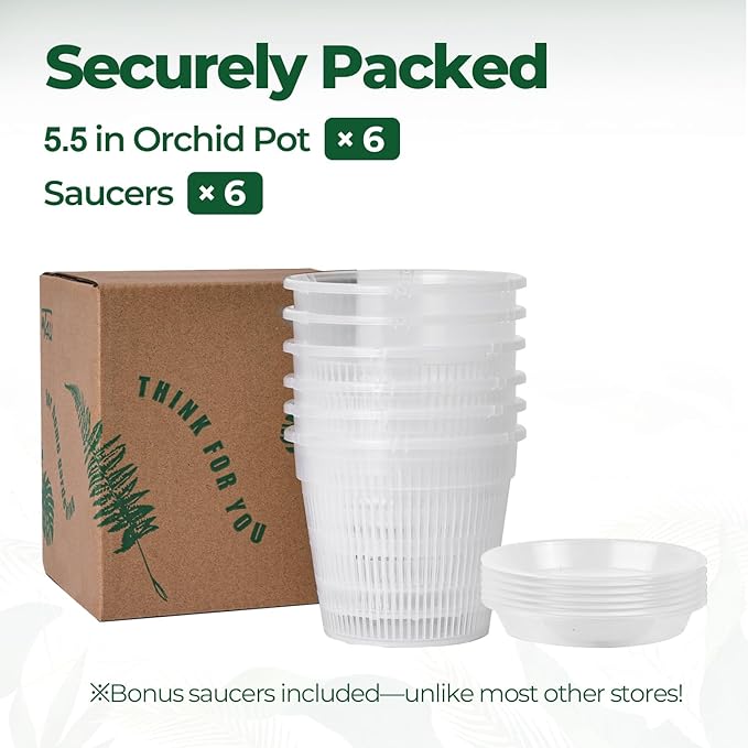 T4U Orchid Pot, 6 Pack 5.5 Inch Clear Orchid Pots with Holes and Saucers for Repotting, Plastic Flower Plant Pot with Drainage for Indoor Outdoor Plants, Slotted Orchids Planter for Root Health