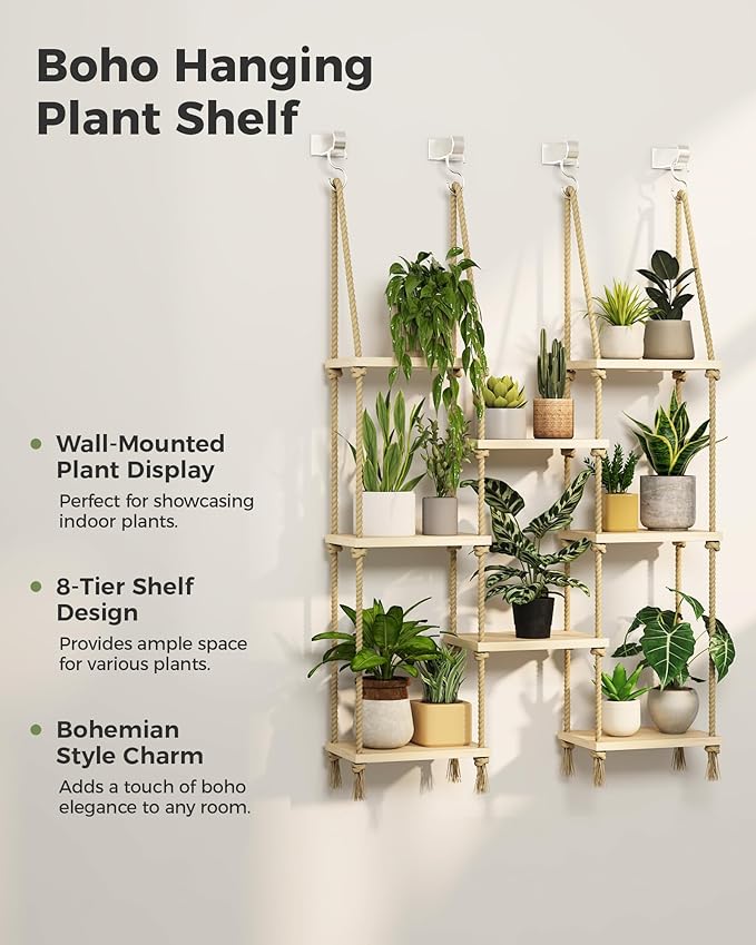 Bamworld Hanging Shelves 8Tiers Plant Hanger Indoor Window Plant Shelves Wood Plant Wall Shelf Window Sill Plant Shelf Indoor Hanging Plant Stand Living Room Decor Garden Boho Decor