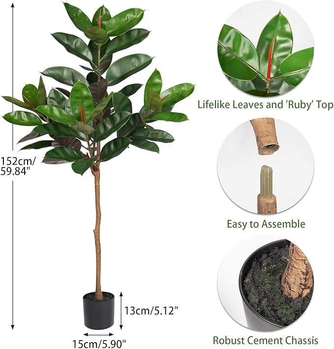 5FT Tall Fake Tree Plant for Home Decor, Artificial Rubber Tree Indoor Floor Plant, Large Faux Ficus Tree Potted Fake Tropical Plants Decorative for Office Store Room Corner Decor