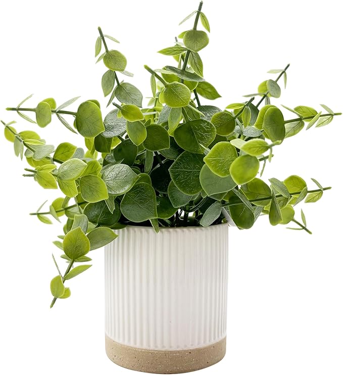 Coferset Small Fake Plants Eucalyptus Potted Artificial Plants Faux Plant Greenery in Ceramic Pot for Bedroom Kitchen House Living Room Shelves Farmhouse Table Office Desk Bathroom Home Indoor Decor