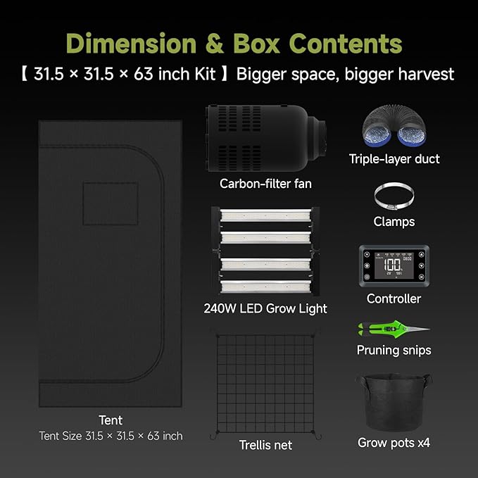 3x3 ft Grow Tent Complete Kit, All-in-One Fan with Activated Carbon Filter, 240W Full Spectrum LED Grow Light, 32"x32"x63" High-Reflective 1680D Diamond Mylar Tent and Smart Controller-1