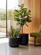 LE TAUCI 12 Inch Pot for Plants with Saucer, Ceramic Indoor Planter Pot with Drainage Hole, Mesh Pad & Plug Included, Matte Glazed Outside, Modern for Home and Office, Obsidian Black & Ochre