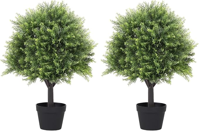 27“ Realistic Artificial Cedar Topiary Trees Set of 2, Faux Cypress Pine Plants Outdoor UV-Resistant, Fake Evergreen Bushes & Shrubs for Front Porch Outside Planter Decor