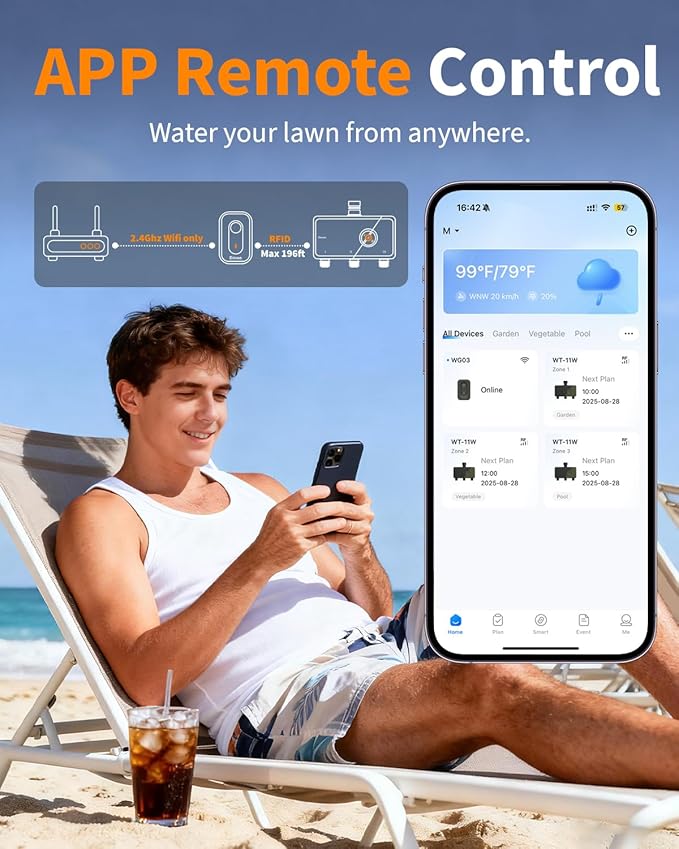 Diivoo 3 Zone WiFi Water Timer with Brass Inlet, Smart Sprinkler Hose Timer 3 Outlets Compatible with Alexa/Google Assistant, 18 Irrigation Plans, Rain Delay & Mist Mode for Garden Lawns (2.4GHz Only)
