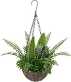 DILATATA Artificial Hanging Plants Basket, Faux Snake Plants Fern Succulent Mix with Coconut Fiber Liner, Fake Hanging Plant with Chain Hook for Indoor Outdoor Porch Patio Balcony Home Décor