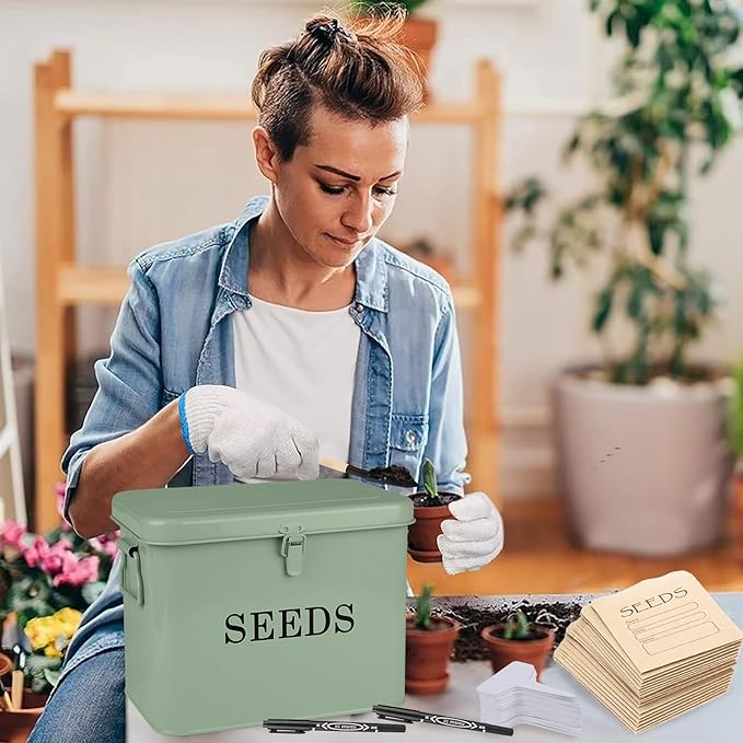 Seed Storage Organizer, T-Shape Compartment Seed Box with Safety Lock, Metal Seed Saving Box, Portable Seed Bin Container with Handle, Including 2 Pens 20 Plant Labels 50 Seed Envelopes-Green